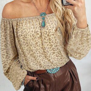 B248 Beige Leopard Velvet Burnout Off Shoulder Long Sleeve Blouse
